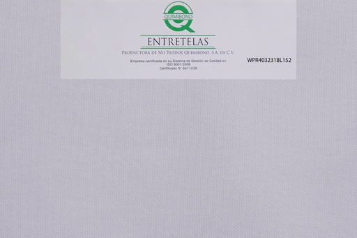 [WPR403231BL152] WPR403231BL152: Entretela de tejido circular fusionable 72  gr  PES 100% Blanco suave